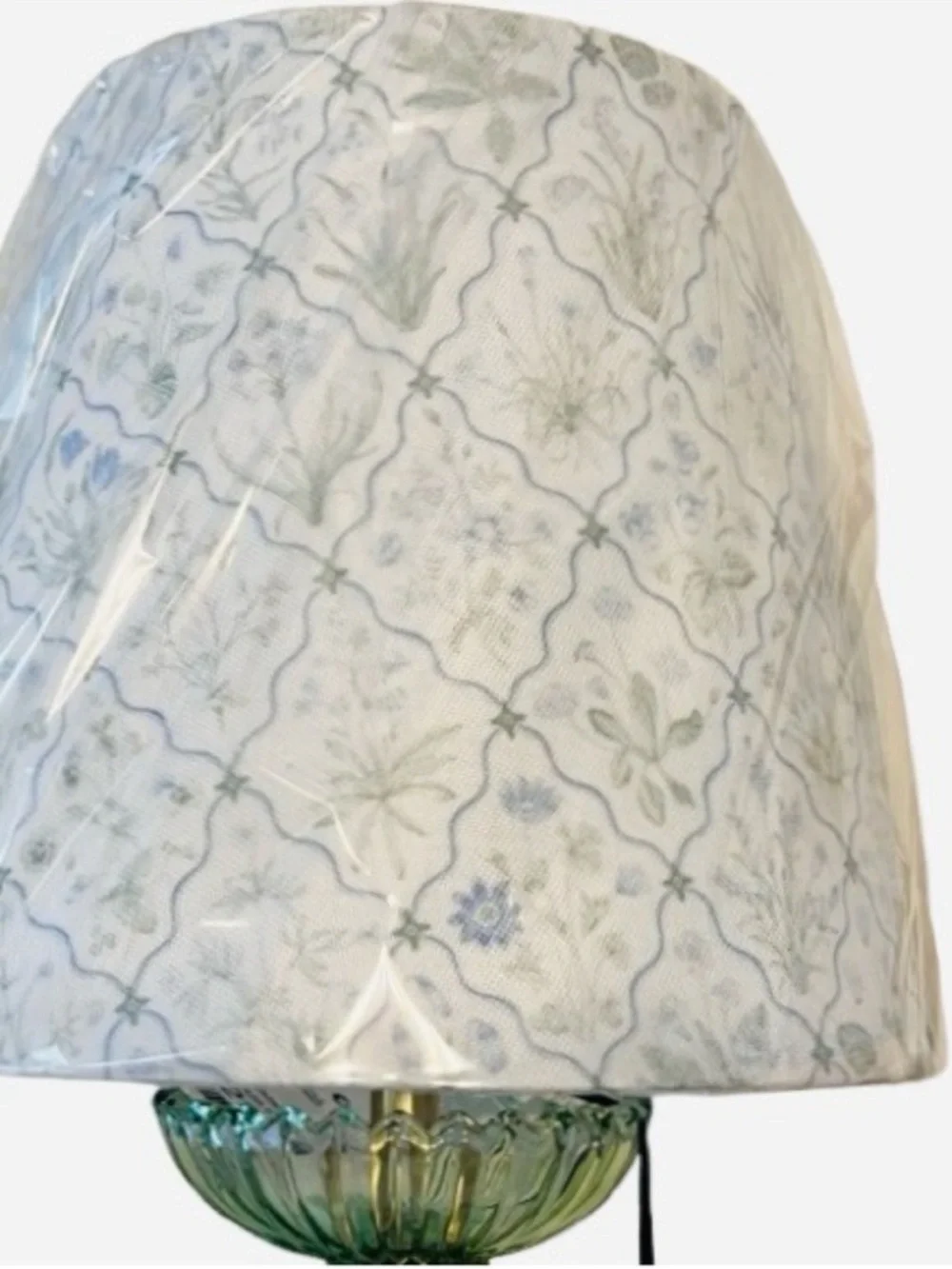 🆕-Soft Green Fluted Glass Table Lamp with Patterned White Shade